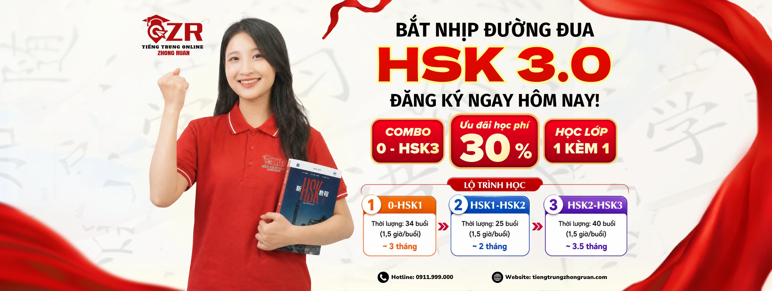 Lộ trình combo 0–HSK3 theo chương trình HSK 3.0 tại Zhong Ruan, ưu đãi học phí 30%