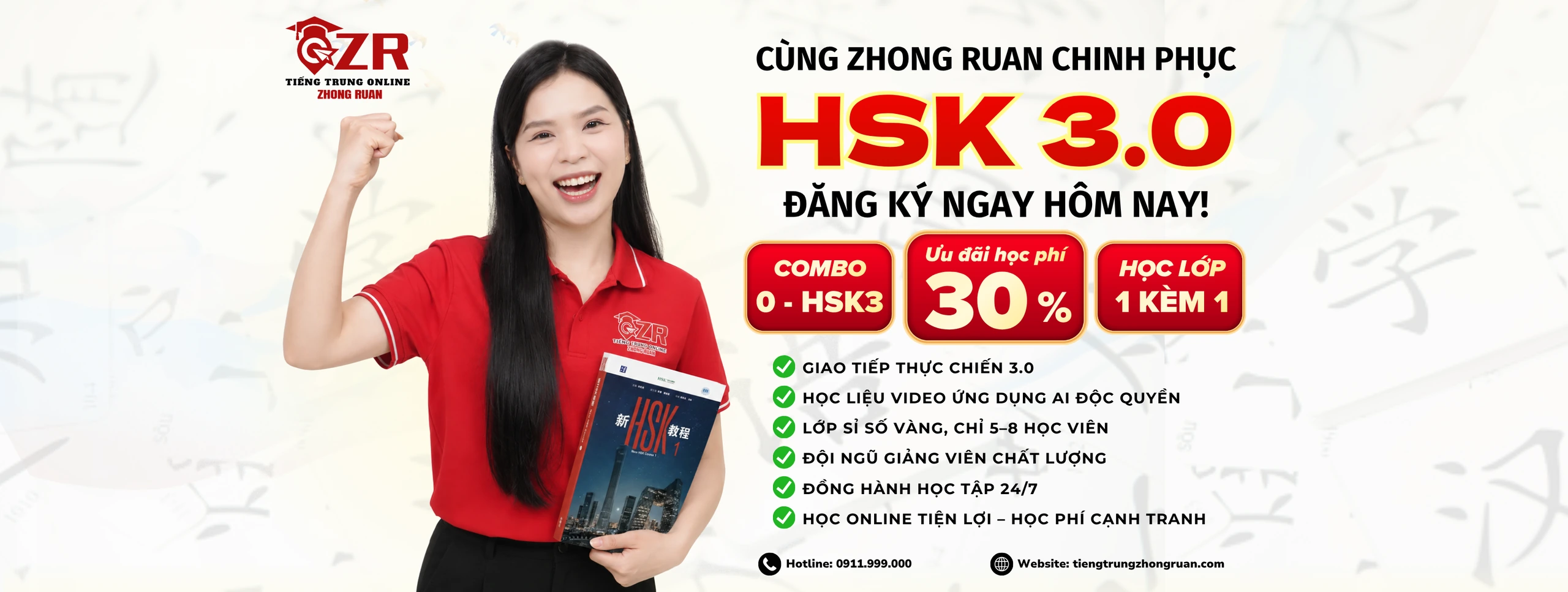 Chinh phục HSK 3.0 cùng Zhong Ruan, lớp nhóm 5–8 học viên và lớp 1 kèm 1