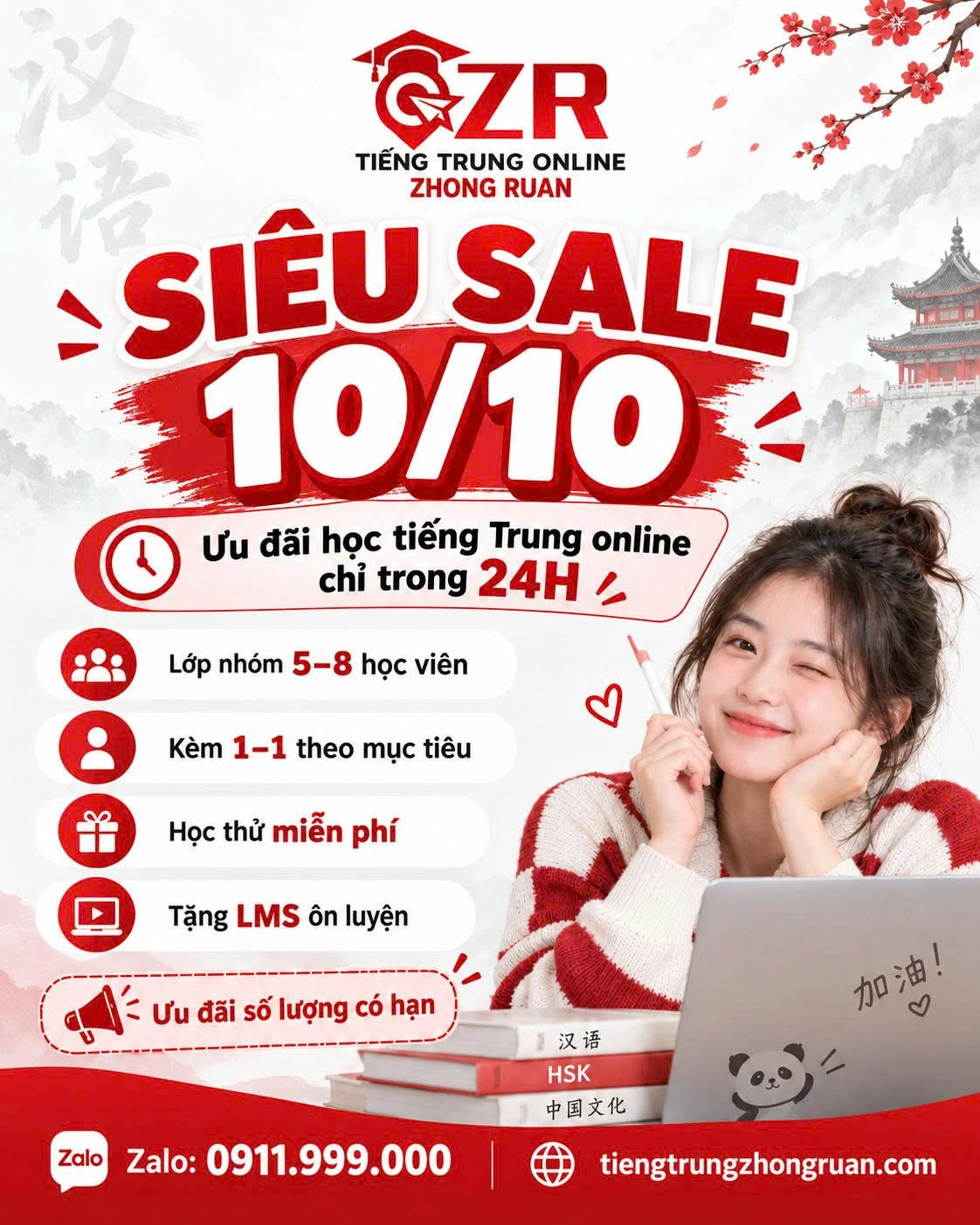 Ưu đãi học tiếng Trung online Zhong Ruan ngày 10/10/2026